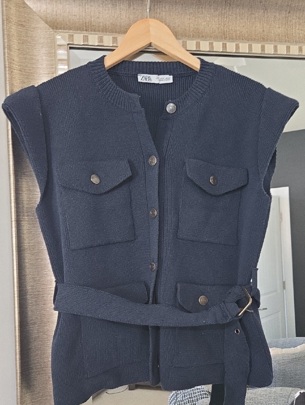 Zara Navy Sleeveless Knit Vest with Belt